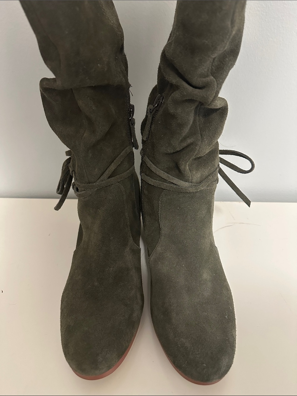 Violet & Red Suede Slouch Boot — Olive Green, Sz 8 - Picture 2 of 11